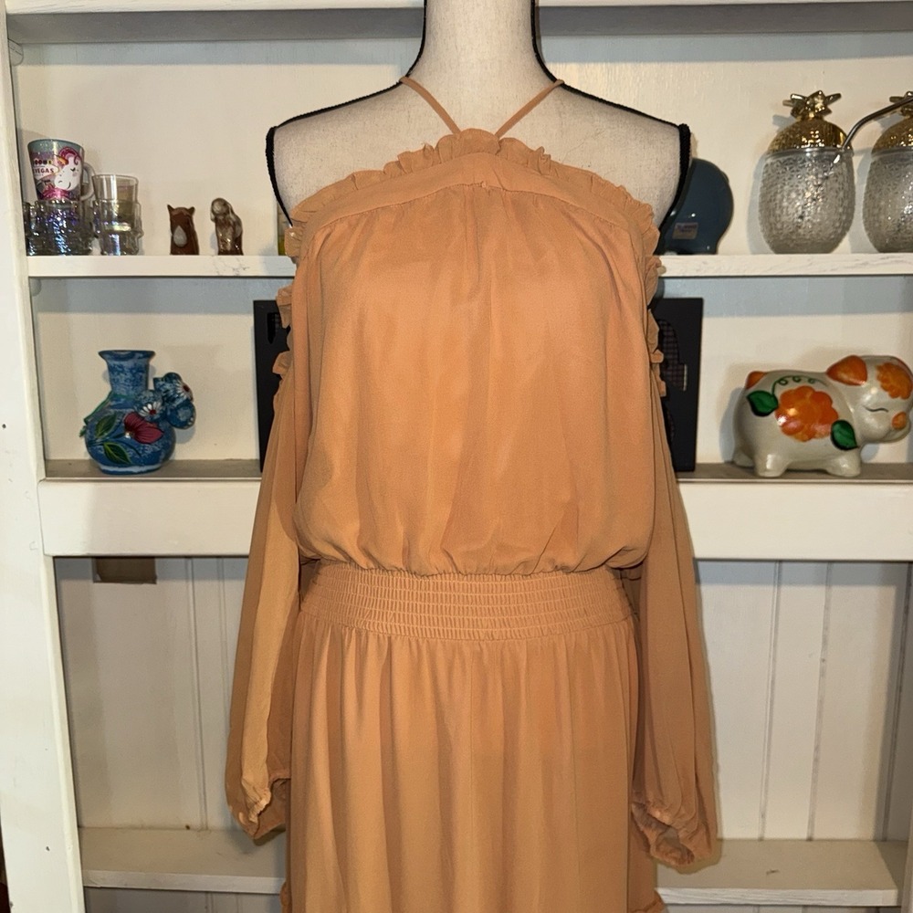 1. State Orange Halter Ruffle Cold Shoulder Long Sleeve XL Maxi Dress